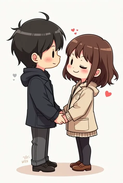  Draw a couple in the style of chibi anime ,  where the man has long and dark hair, She dresses in black .  The girl who is wavy ,  Brown hair ,  short and in light clothes  