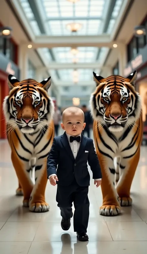 A baby wearing an elegant suit, walking confidently toward the camera in a modern, bustling city mall. The baby is accompanied by two giant, majestic tigers with detailed fur and striking stripes. The environment is filled with bright lights, luxury storef...