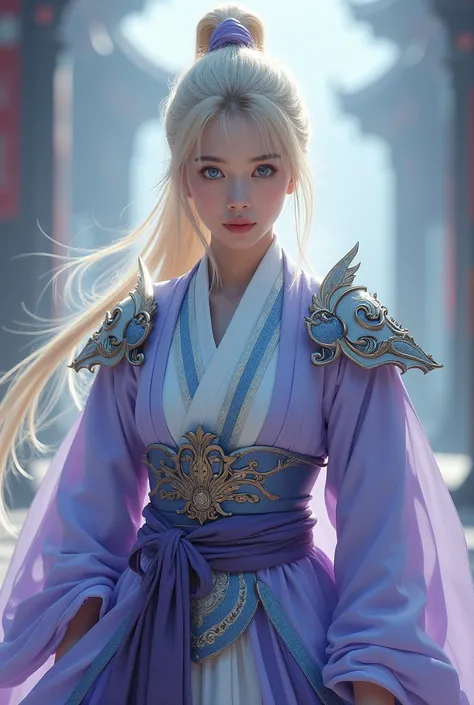 Asian female, adult. With blonde hair, pony tail with bangs. bight blue eyes. Tang dynasty clothing,in soft violet, baby blue, and white. 
Looking at viewer,  fantasy, warrior, armored.