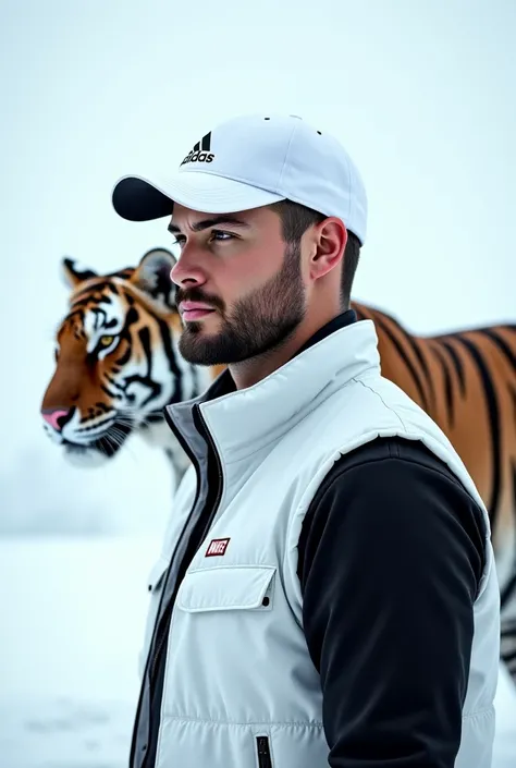 handsome tanned man in profile, white vest,  Black Shirt, Adidas white cap , short beard, With a tiger on a par with a snow background 