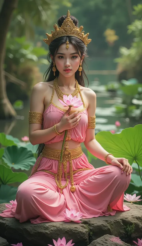 20 year old Thai girl, beautiful skin, cute, pretty, big DD cup breasts, woman sitting on a rock holding a flower, standing gracefully on a lotus, beautiful goddess, flower goddess, traditional beauty, beautiful goddess portrait, goddess of love and peace,...