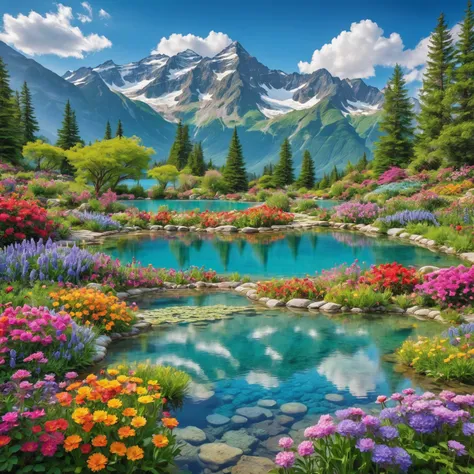 A vibrant, colorful landscape: Foreground: A spacious garden filled with colorful flowers A clear blue pond surrounded by flowers Background: Majestic mountains partially covered in green White clouds against a bright blue sky Overall mood: Rich colors and...