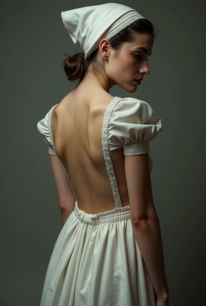 young Amish woman, wearing white maid's hat, exposing waist, much back, back to audience, face inward, turned left, face detailed, surreal, realistic, super sexy