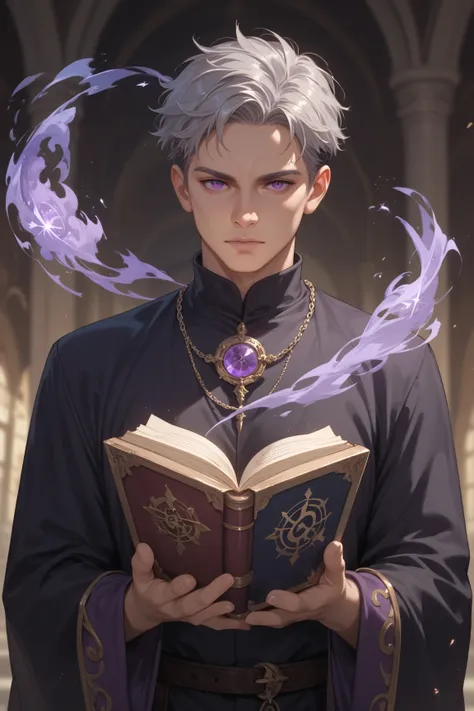  male，Silver short hair， purple eyes，Wear a black and dark purple robe，Holding an ancient magic book ， with a strange rune on the forehead 。