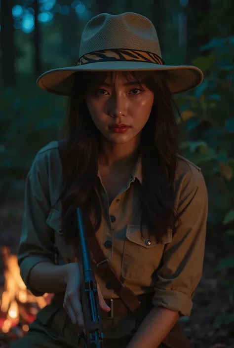 a beautiful thai actress, long dark hair, strong piercing eyes, wearing a safari outfit with a wide-brimmed hat with a tiger stripe band, holding an old rifle, in a mysterious deep forest, at night, action image,แสงจากกองไฟ