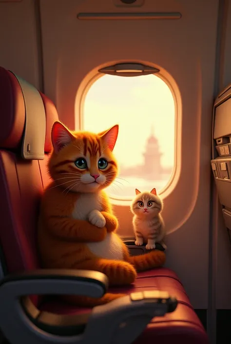  The cozy cabin of the plane ,  filled with anthropomorphic animals ,  going aboard .  Main characters ,  big red striped cat ,  holding its energetic kitten , sit in the middle row .  The larger cat looks slightly concerned ,  while the kitten looks out t...