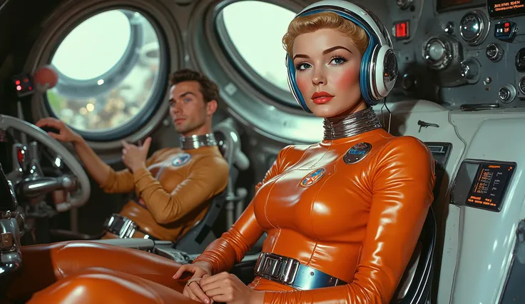 A full body cinematic retro from the 1950s _ style A plane at a high angle of a woman stunningly beautiful , thin and slender, with a fierce and independent spirit . A science-fiction-style cinematic photo of Natalia , a female pilot , photorealistic, ...