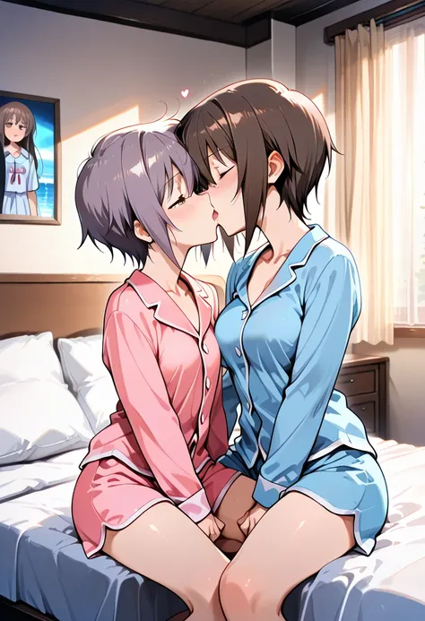 (masterpiece, best quality:1.2),waking up kiss,pyjamas,two beautiful girls,lesbian art,bedroom,Nagato Yuki,Nishizumi Maho