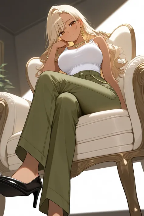   Beautiful girl, alone,  long wavy blonde hair ,  Brown Eyes,  tanned skin, silver chain and fine gold necklace,  gold earrings , white tank top tucked under the pants, khaki green cargo pants,  black heels, Sitting in a beige-haired chair,  Cross Legs,  ...