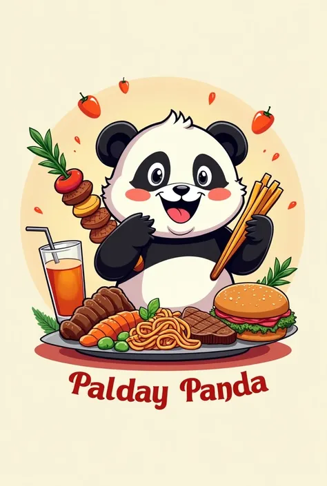 create a panda bites logo with the writing font below the image and the logo is a cheerful little panda eating a burger kebab chicken spaghetti steak sandwich and a fresh drink