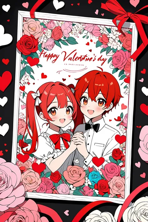  flat color、 Valentine's Day picture 、 A girl with red hair and twin tails appears 、[Happy Valentine ] and colorful and gorgeous characters in a large picture、 surround the frame of the picture with a beautiful red ribbon 、