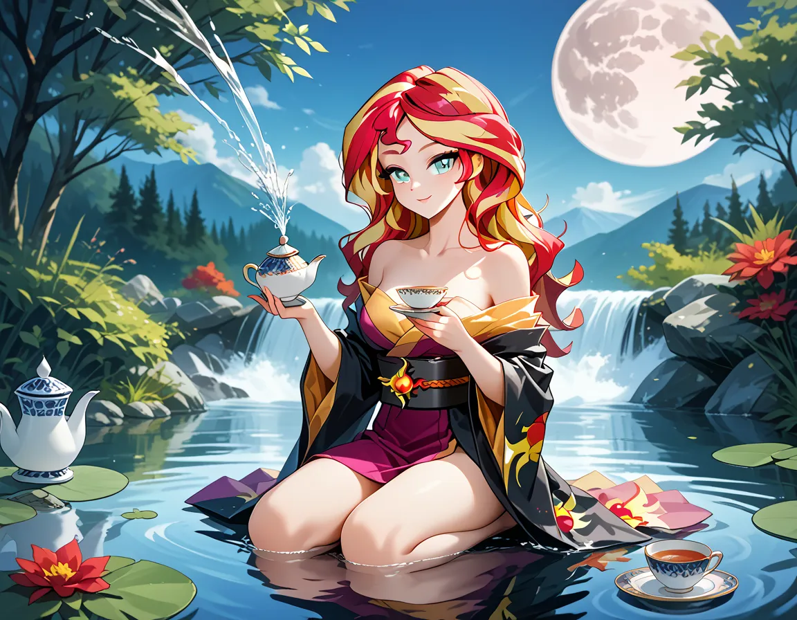 sunset shimmer, wavy hair, wearing an ornate kimono, kimono off shoulders, kneeling, legs together, tea ceremony, holding teapot in right hand, holding teacup on a saucer in her left hand, pouring tea from an ornate teapot into a teacup, full moon behind h...