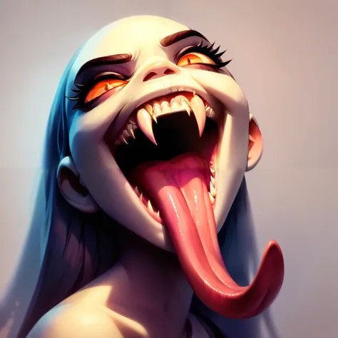 Score _9, Score _8_climb, Score _7_climb, Score _6_climb, Score _5_climb,  , perfect fangs,  sharp teeth, 1 girl, smileLong tongue ,  tongue split ,