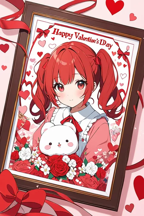 Minimalist flat color 、 Valentine's Day picture 、A girl with red hair and twin tails appeared、[Happy Valentine ] and colorful and gorgeous characters in a large picture、 surround the frame of the picture with a beautiful red ribbon 、