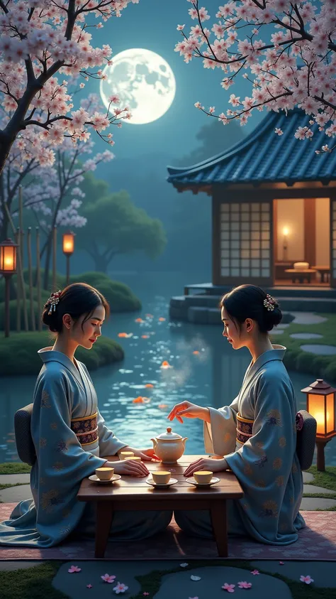 A serene and enchanting moonlit tea ceremony set in a tranquil Japanese garden. The scene takes place under the soft glow of a full moon, casting a silvery light over everything. In the center, a delicate teapot made of fine porcelain sits atop a low woode...