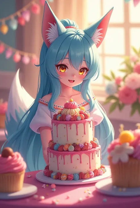 fox anime girl with long light blue hair tied in a ponytail and yellow eyes

Create a highly detailed and vivid description of a colorful sweet party that showcases an array of candies, a beautifully decorated cake, delightful cupcakes, tempting cookies, a...