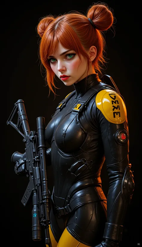 Full body general shot from the back in lateral foreshortening, looks sideways at the viewer, very technological, perfect image, 8k, of a woman with orange-red hair with two buns tied on the sides of her head, very long and wavy hair, with bangs, very deta...