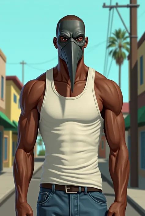 CJ from GTA SAN Andreas wearing plague doctor mask with old GTA SAN Andreas graphics and CJs wearing a white tanktop with Blue jeans in Grove street