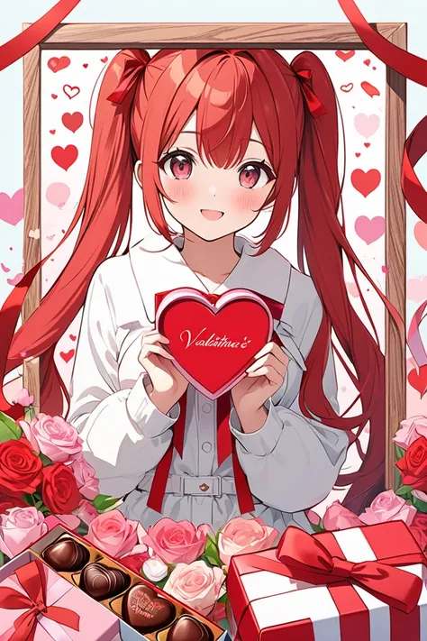 Minimalist flat color 、 Valentine's Day picture 、A girl with red hair and twin tails appeared、I have a gift box containing heart chocolate、[Happy Valentine ] and colorful and gorgeous characters in a large picture、 surround the frame of the picture with a ...