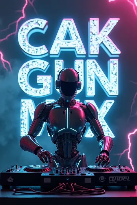 DJ robot with cool writing 3d logo " CAK GUN MIX " behind there is lightning 