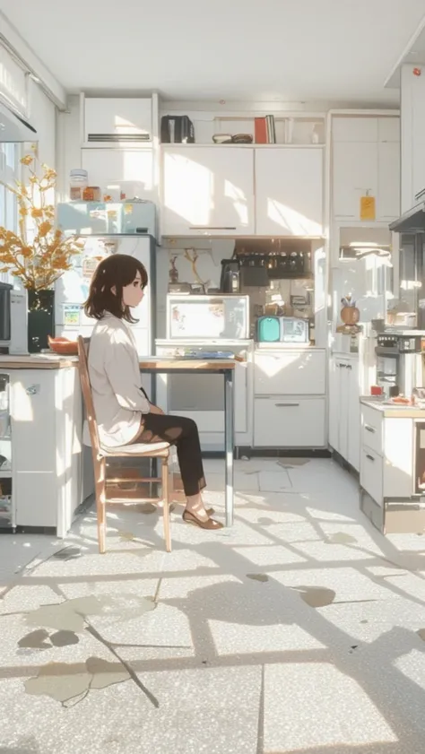 kur1,  1girl , solo focus, wearing high brand clothes, kitchen, sunshine ,  big window, 2.5th Dimension, refrigerator, girl sitting at table