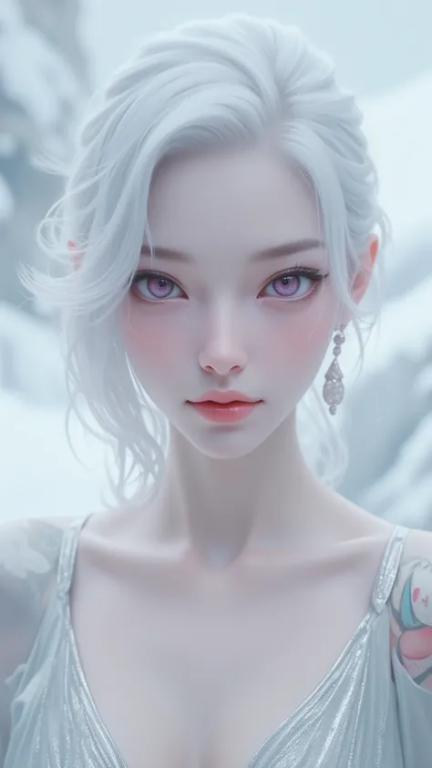 albinodoll ，white hair，Colored eyelashes， beauty，Sexy， 1girl ，Alone， purple eyes ， Snow White Skin ， sharp eye， Silver Slim Shoulder Dress， Delicate Earrings 0 ：5，Half-length portrait，Tattoo，Tattoo