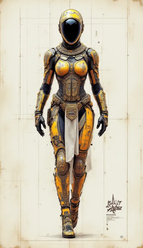 A highly detailed, technical drawing of a realistic female soldier combat suit, with a tight, form-fitting design that is mix of ancient egiptians and ancient viking and futuristic sci-fi armors, showing different angles and views, masterpiece, best qualit...