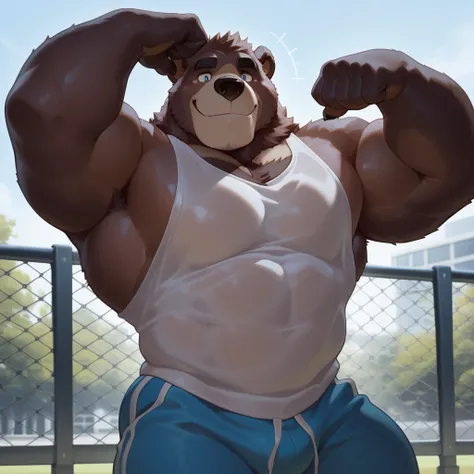 masterpiece, best quality, amazing quality, null-ghost,  bara, pants, big pecs, male big bear ,solo, smiling, curly, short hair, sport clothes, flexing , shirtless flexing, abs, lifting arm, perfect blue eyes, outside, tank top