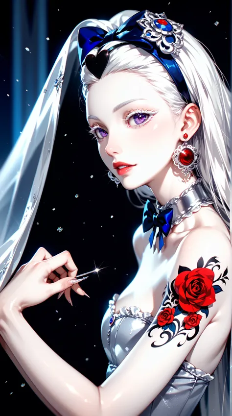 albinodoll ，white hair，Colored eyelashes， beauty，Sexy， 1girl ，Alone， purple eyes ， Snow White Skin ， sharp eye， Silver Slim Shoulder Dress， Delicate Earrings 0 ：5，Half-length portrait，Tattoo，Tattoo