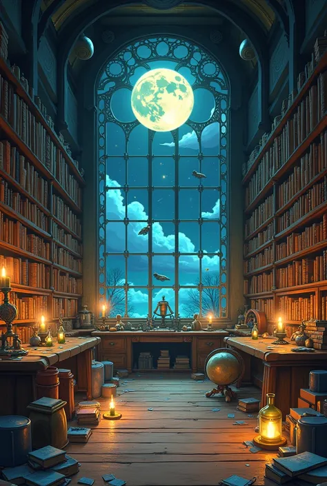 "Ancient books, glowing potions, floating mystical energy, a magical alchemist's library filled with intricate gears. A giant moon visible through a grand and magnificent window casts a spiritual light. Outside, mysterious airships can be seen flying. The ...