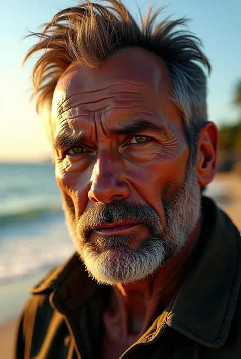 (Photorealism:), close-up of a man's face, with hard features, marked expression lines, serene expression, staring at the viewer, on a beach, illuminated by the first rays of sun, "photorealistic", "realistic", "cinematic" and "4k"