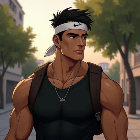 The character depicted exudes strength and athleticism. His physique is muscular and well-defined, with broad shoulders and prominent biceps, hinting at a routine of intense physical training. His arms are toned, veins subtly visible, emphasizing his dedic...