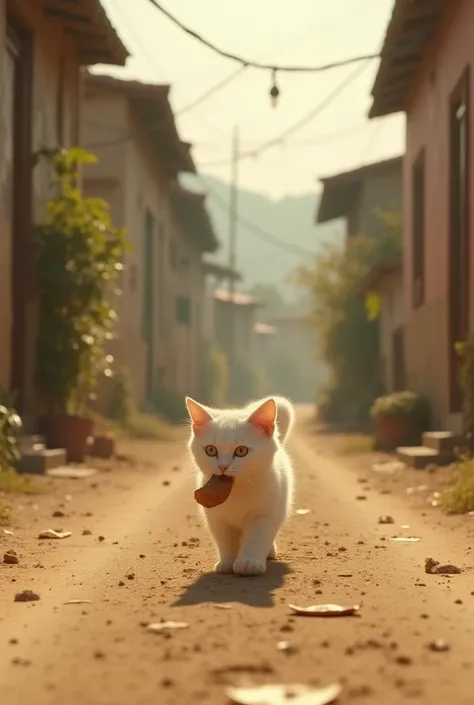 📌 Scene 1: The White Cat with the Piece of Food

Prompt:
"A small, white cat with soft, fluffy fur, walking slowly down a quiet dusty road, holding a piece of food in its mouth. The cat's eyes are curious, and its fur shines gently under the golden sunligh...