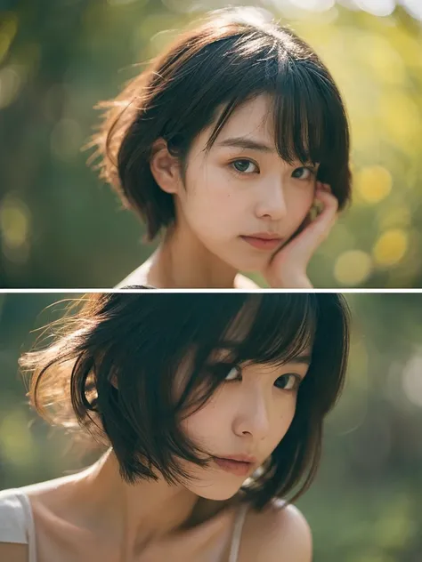 A hyper-realistic image of a single Japanese woman in her early 20s, captured with the nostalgic warmth and subtle graininess of a film camera. Her skin has a warm beige tone with a natural, slightly rough texture that includes visible pores, fine lines, a...