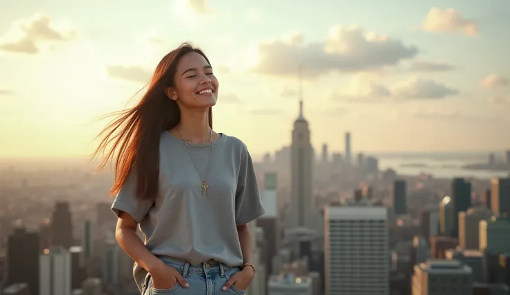 (photorealism:1.2), "A young woman standing on a rooftop with a city skyline in the background, her long hair gently blowing in the breeze. She wears a casual oversized gray t-shirt and light jeans, exuding a sense of simplicity and natural beauty. Her eye...