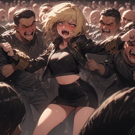 A crowd of guys punch a girl with their fists ,She has an expression of pain ,The girl is full of wounds , the guys are flocking to the girl , Girls grimace ,The crowd is all men, countless fists hit the girl's face, Countless fists hit the girl's belly , ...