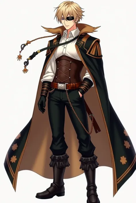 Anime man Make him wear those white shirt and a light brown leather man corset. Make him have light blonde hair and pale skin, make him wear a mask, make his cape long and black with light brown patterns. He has brown hair, he also have fluffy, long, and b...