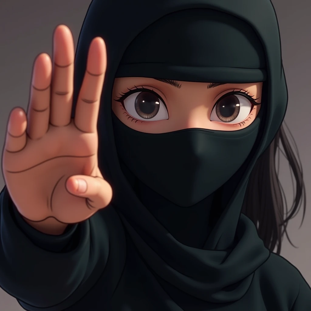 make an emoji close up face female black masked ninja
with a close up hand HI gesture, animated