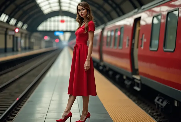 Photo of nice Girl in red dress on the railway station, full height, red shoes