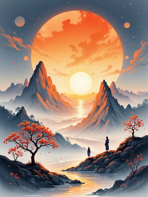 Graphic illustration， Zhang Daqian Style ， Silhouettes of Lonely People in the Afterglow of the Sunset，Expansive Sky ，Stream of consciousness，artistic conception，Zen，Staggered overlays，Minimalism， splash ink ， Large Area Watercolor Smudge ，hazy，Like a drea...