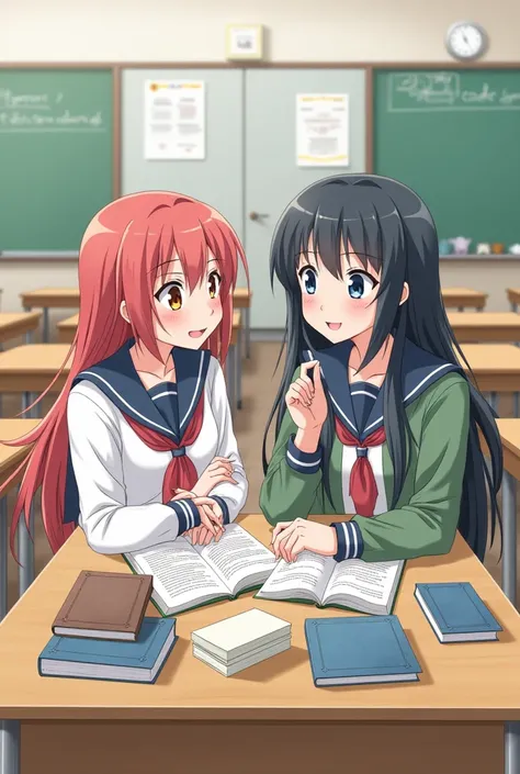 Two anime boy and girl highschool students sit on the classroom and on the table books and talking about classwork