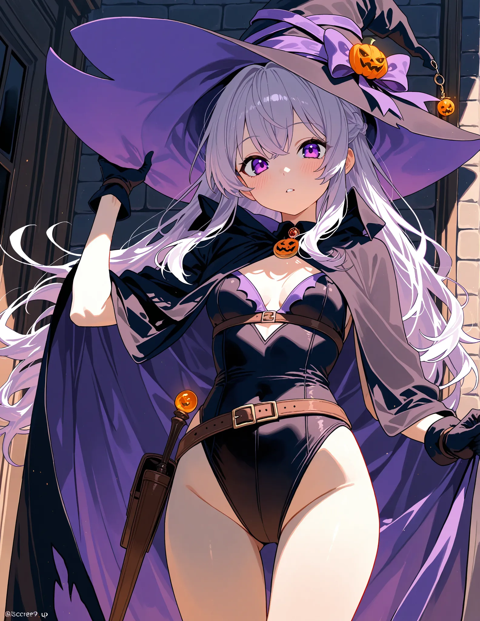 ( masterpiece,  highest quality:1.2), 1 witch ,  purple eyes ， alone，witch hat，cloak