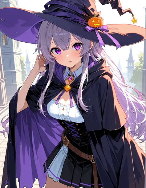 ( masterpiece,  highest quality:1.2), 1 witch ,  purple eyes ， alone，witch hat，cloak