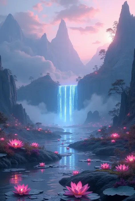 A beautiful alien landscape on a distant planet, ethereal clouds, serene atmosphere, mist-shrouded mountains, glowing flora, lotus flower in ponds, bioluminescent waterfalls, dreamlike color palette, dramatic lighting, concept art, digital painting, award-...