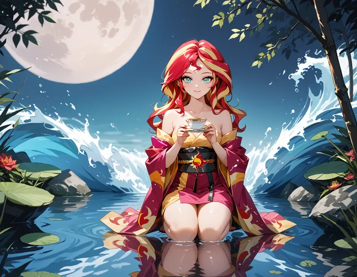 sunset shimmer, wavy hair, wearing an ornate kimono, kimono off shoulders, kneeling, legs together, tea ceremony, holding an ornate teapot in her right hand, holding ornate teacup on a saucer in her left hand, full moon behind her head, moonlight shining t...