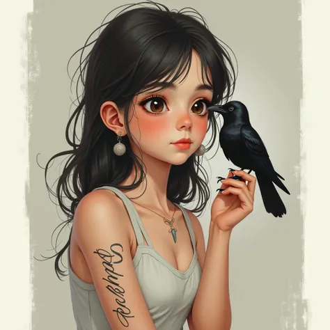 Girl or boy with a little crow with Kiss mark tattoo with name 'Nabsie'1girl, Blush, Dutch Angle, 