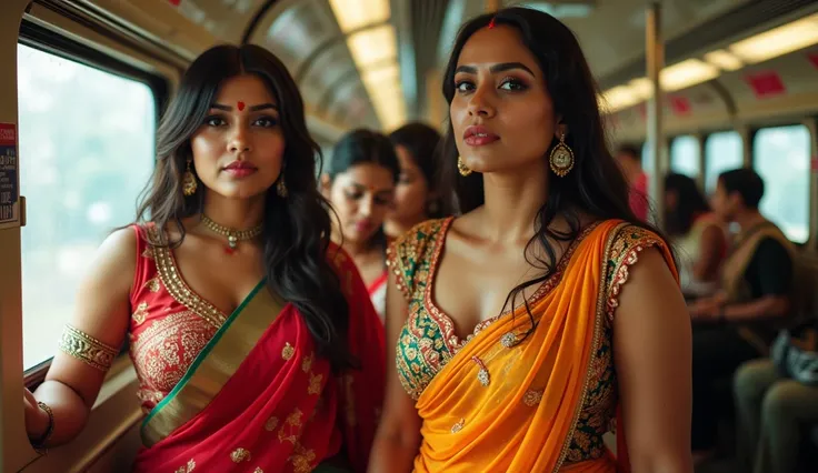 Sexy indian Bride's group with big breast and big butts  exhausting  colourful saree costume in sleeveless,  exhausting  👠, fashion closeup in an Indian train station. 