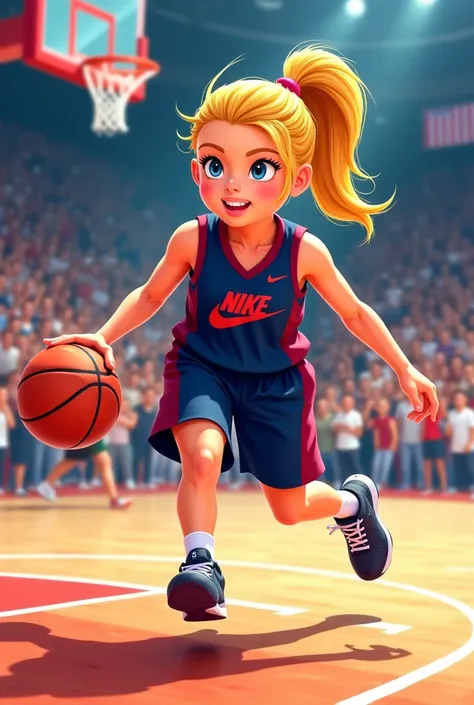 Create cartoon of a blonde  girl with pony tail playing fierce basketball in stadium wearing a uniform that is navy and maroon wearing Nike shoes 
