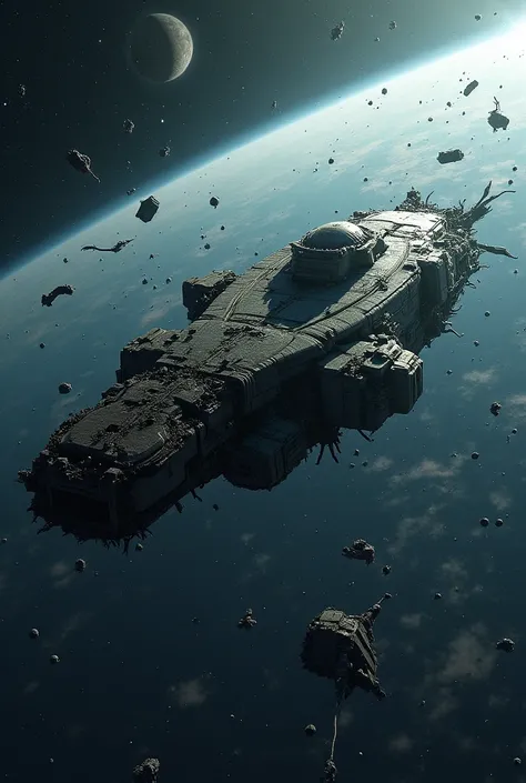 An image of a spaceship in pieces lost in outer space surrounded by shattered stars and planets where shadows of creatures with countless tentacles on the horizon 