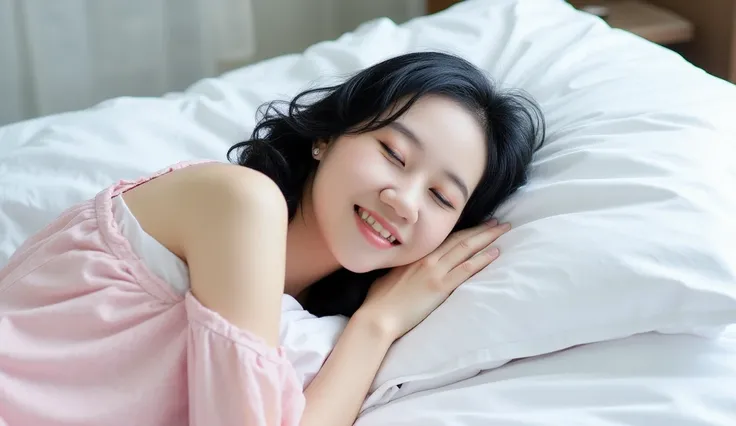 (16k, top quality, masterpiece: 1.2), (realistic, photorealistic: 1.37), super detail, She was lying on a mattress with only a see-through sheet covering parts of her body. Korea  girl, sleep on a cloud, high detail, detail eyes, detail nose, detail lips,